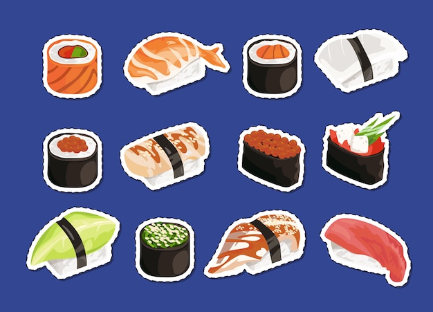 Sushi stickers set isolated on plain