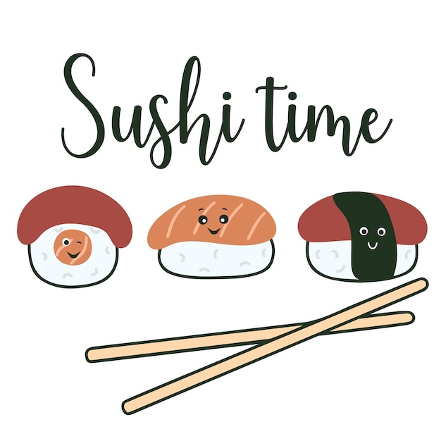 Sushi time concept Sushi kawaii and lettering vector illustration Asianfood banner