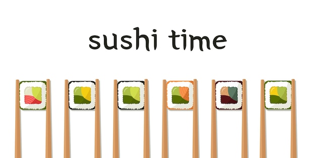 Sushi time. Vector banner with sushi on sticks - vegan sushi and sushi with salmon - flat style illu