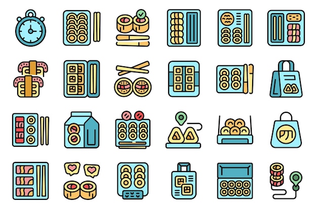 Sushi to go iconen set outline vector Food box Meal takeout dunne lijn kleur vlak op wit