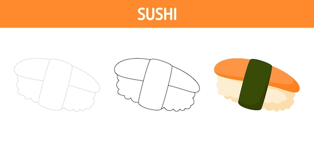 Sushi tracing and coloring worksheet for kids