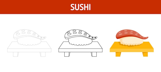 Sushi tracing and coloring worksheet for kids