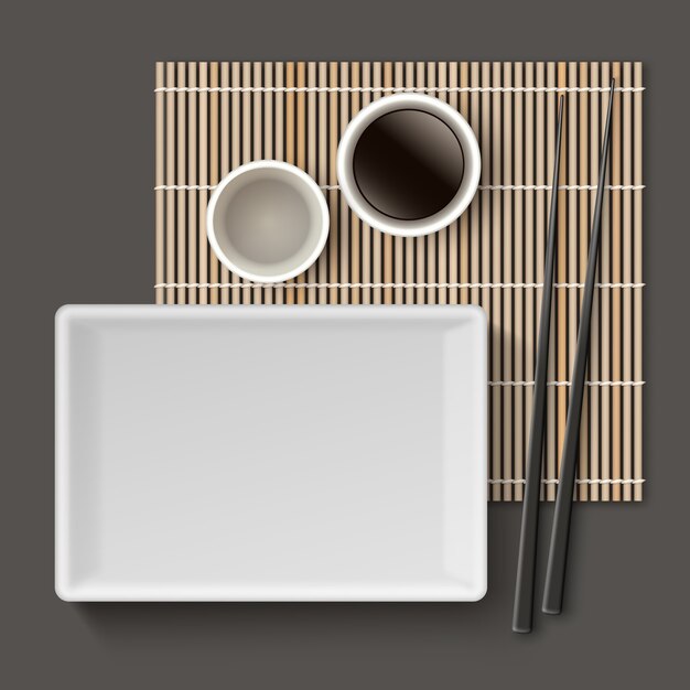 Vector sushi utensil set with bamboo mat illustration