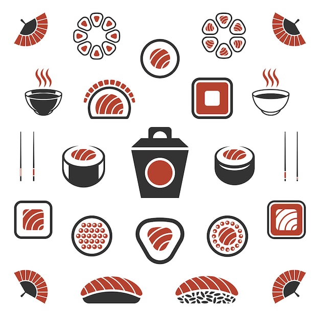 Sushi winkel vector ontwerpelementen instellen zeevruchten silhouetten en pictogrammen geïsoleerd op een witte achtergrond objecten en symbolen voor labels of badges japans restaurant logo's