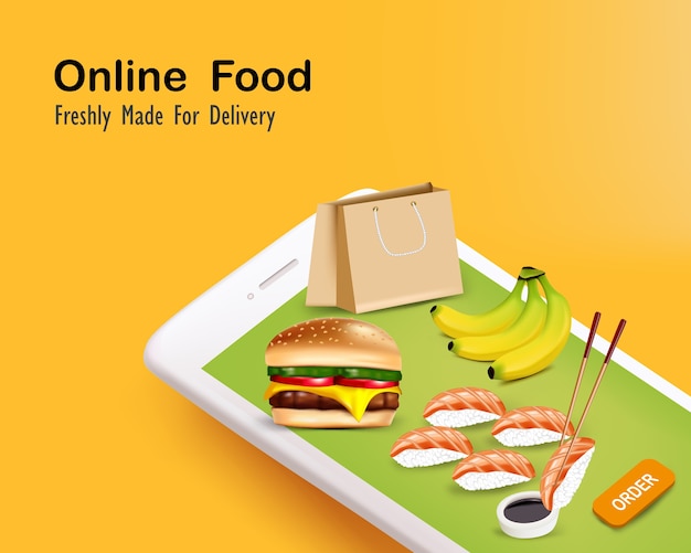 Vector sushi with cheeseburger and banana for online food order