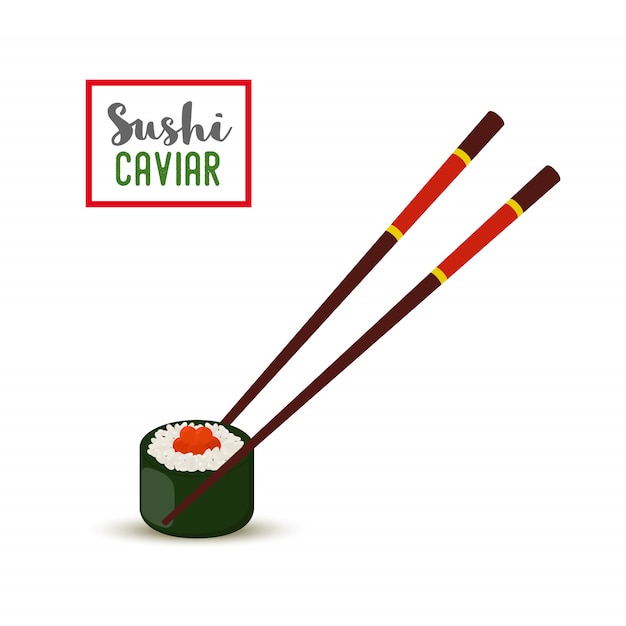 Sushi with chopsticks - red caviar, nori, rice