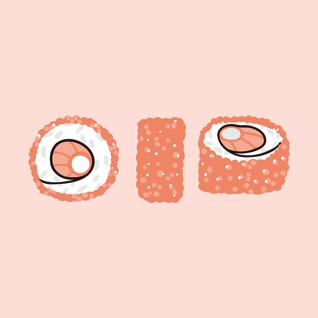 Sushi con illustrazione vettoriale disegnata a mano di pesce in stile piatto