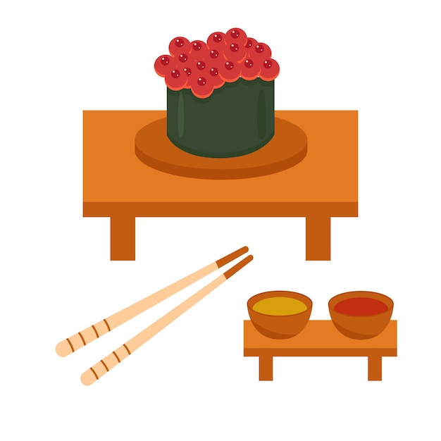 Sushi with Red caviar, sauce and chopsticks.Traditional japanese or asian cuisine and food.