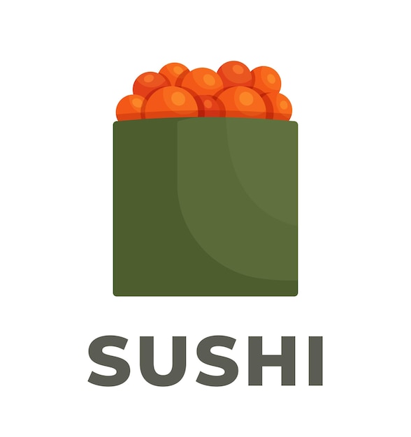 Sushi with red caviar Vector illustration of on white background wrapped in nori roll