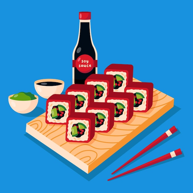 Vector sushi with soy sauce, wasabi and chopsticks on blue background.