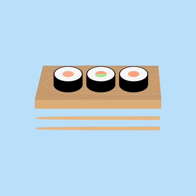 Vettore sushi su tavola di legno e bacchette illustrazione vettoriale piatta cibo tradizionale giapponese