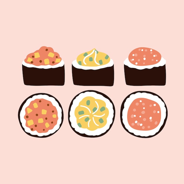 Sushi wrapped in nori sheets hand drawn vector illustration in flat style