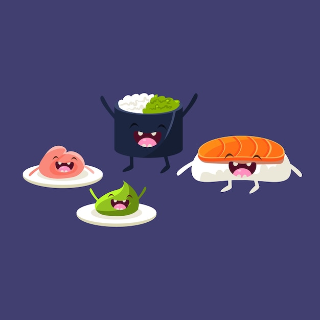 Sushi zalm en cartoon vrienden kleurrijke grappige platte vector geïsoleerde illustratie op blauwe achtergrond