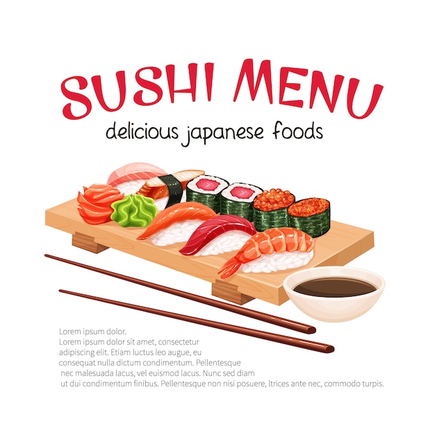 Sushibar munu. japans eten promo poster illustratie voor sushi rolt winkel.