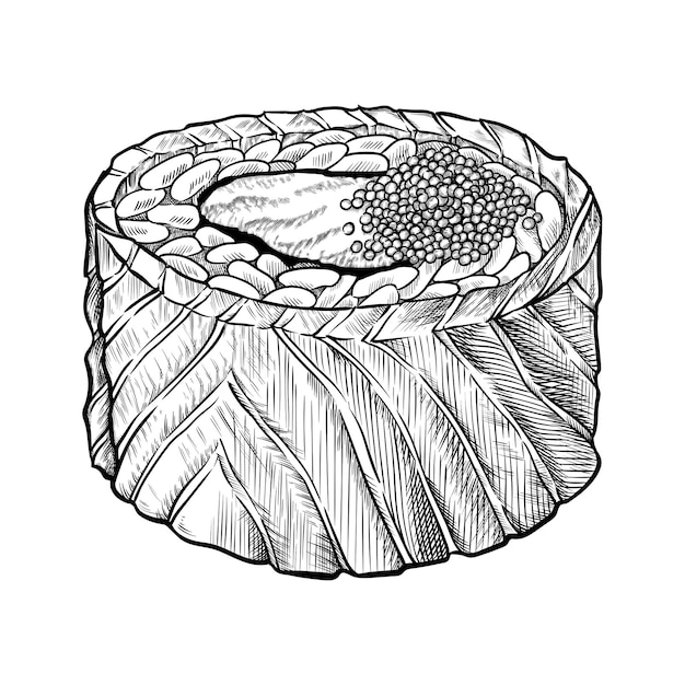 Sushibroodje met zalmroomkaas en zwarte masago Geïsoleerde hand getrokken vectorillustratie