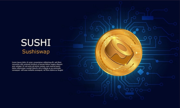 Sushiswap (SUSHI) gouden munt. Blauwe achtergrond met printplaat. Algorand token cyptocurrency.