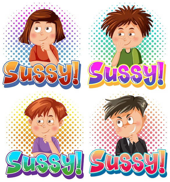 Vector sussy text word banner comic style with cartoon character expres