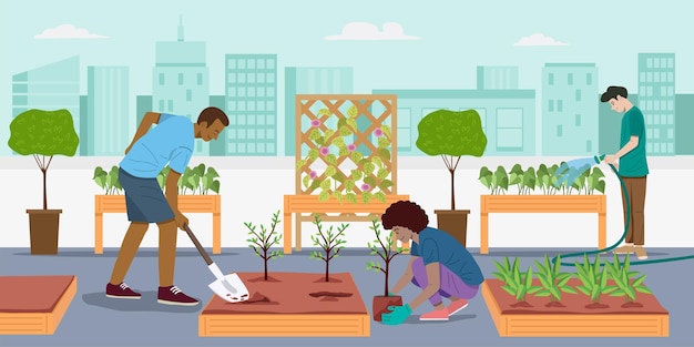 ベクトル 持続可能性の概念の人々 は屋上のコミュニティ ガーデンに若い木を植える