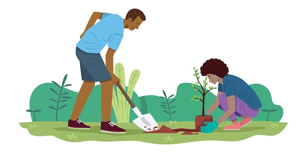 Sustainability concept woman and man planting young tree in the garden Vector