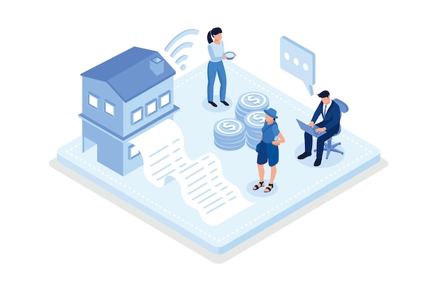 Vector sustainability illustration. characters calculating and paying electricity,