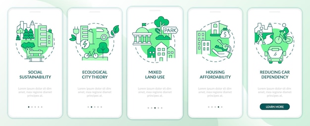 Sostenibilità nella pianificazione urbana green onboarding schermo dell'app mobile
