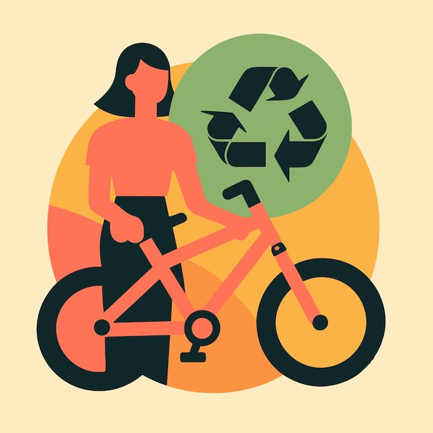 Vector sustainable actions woman on bicycle and recycling