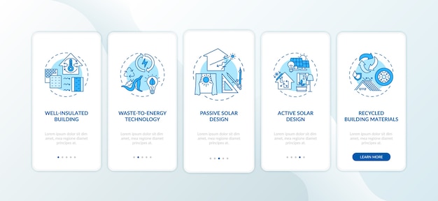 Sustainable architecture blue onboarding mobile app page screen with concepts.