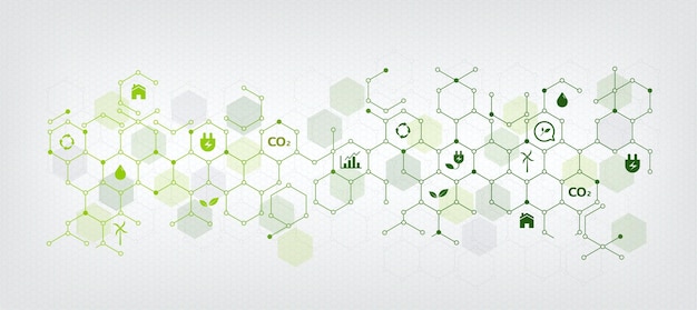 sustainable business or green business illustration background with connected icons concept related to environmental protection and sustainability. with hexagonal shape