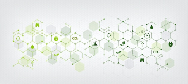 Vector sustainable business or green business illustration background with connected icons concept related to environmental protection and sustainability. with hexagonal shape