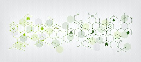 Sustainable business or green business illustration background with connected icons concept related to environmental protection and sustainability. with hexagonal shape
