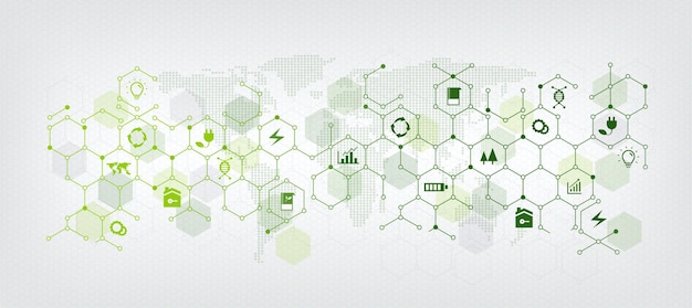 sustainable business or green business vector illustration background with the concept of connected icons related to environmental protection and sustainability. with hexagonal geometry