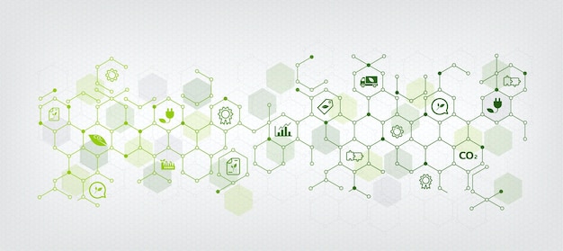 sustainable business or green business vector illustration background. with connected icon concepts related to environmental protection and sustainability in business and hexagon