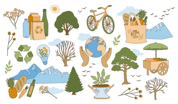 Vector sustainable cute sticker set with earth elements