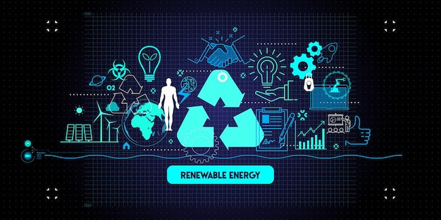 Sustainable development fui with icons of renewable energy and natural resources preservation.