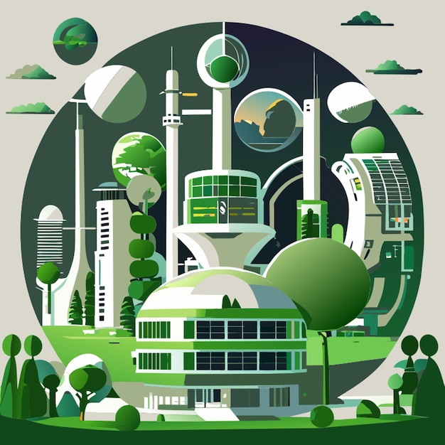 Sustainable energy sources to be used in life colonies in space vector illustration