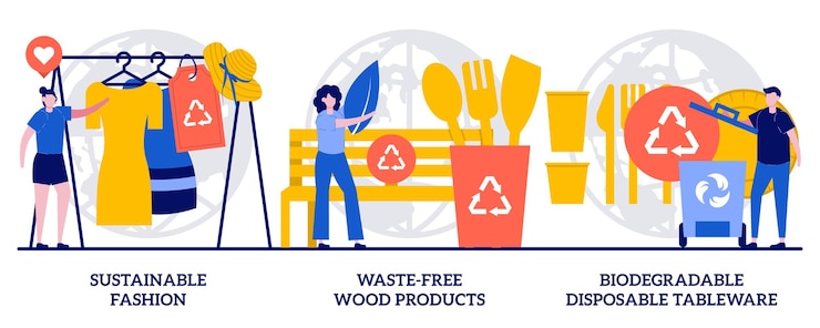 Vector sustainable fashion, waste-free wood products, biodegradable disposable tableware concept with tiny people. ecological integrity abstract vector illustration set. eco friendly innovations metaphor.