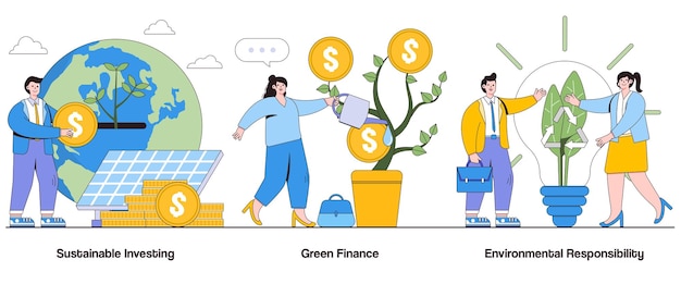 Vector sustainable investing green finance environmental responsibility concept with character