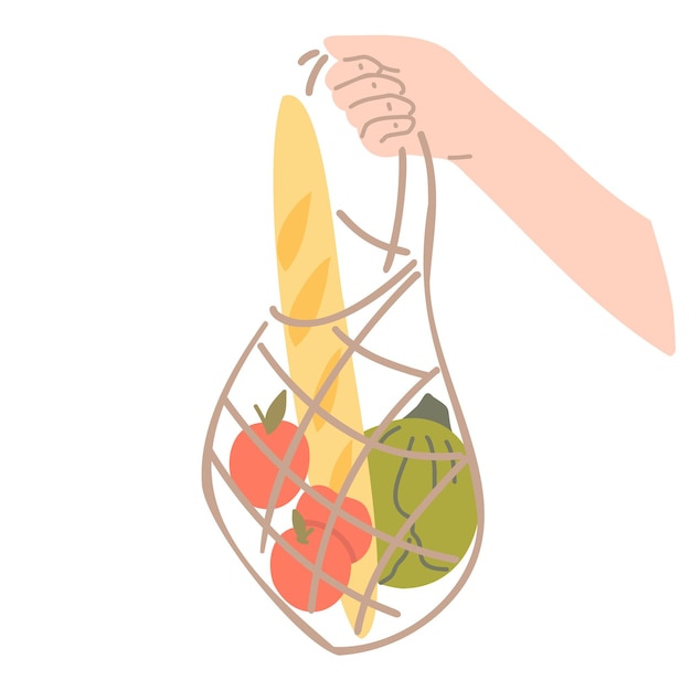 지속 가능한 생활 방식과 제로 웨이스트 생활 개념. 식료품과 재사용 가능한 메쉬 가방을 들고 손. 벡터 만화 일러스트 레이 션