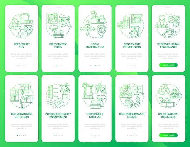 Set di schermate dell'app mobile per l'onboarding del gradiente verde dell'urbanizzazione sostenibile