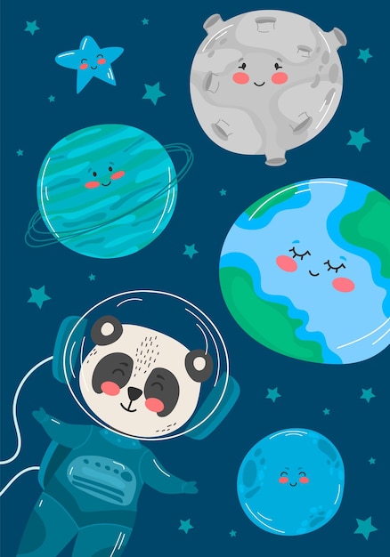 Illustrazione vettoriale in stile cartone animato sute astronauta cartoon cosmonauta divertente panda in tuta spaziale pianeti del sistema solare