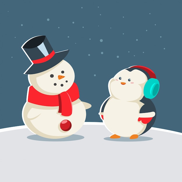 Милый пингвин со снеговиком