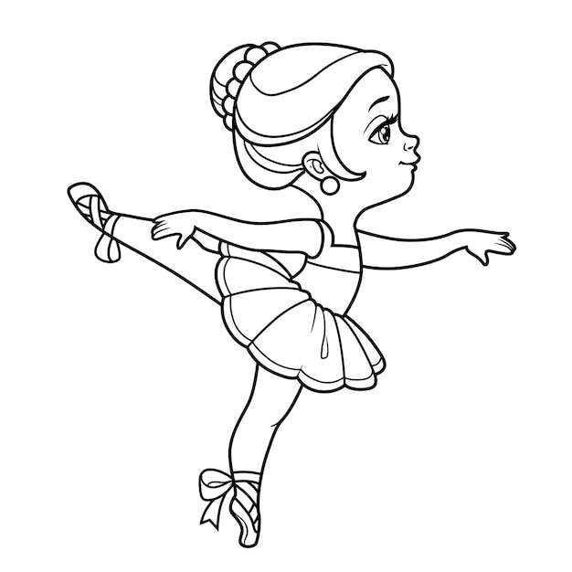 Vettore sute cartoon bambina ballerina su una gamba delineata per colorare isolato su sfondo bianco