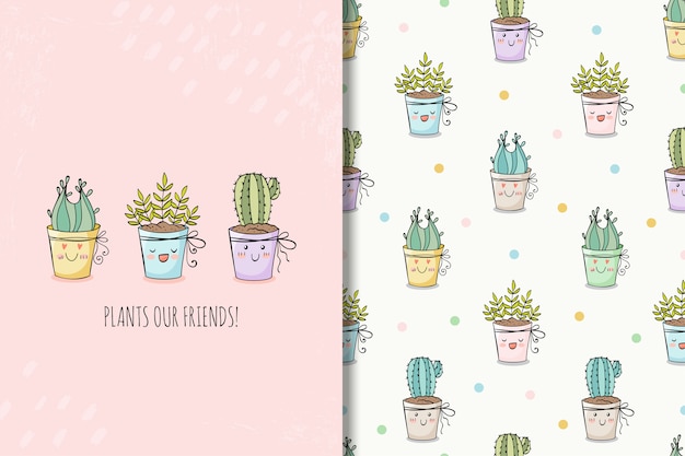 Сute hand drawn house plants card and seamless pattern