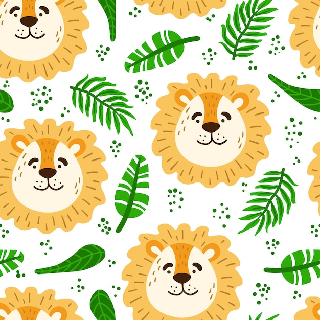 Sute lion animal face head vector seamless pattern sartoon muzzle texture vector illustration