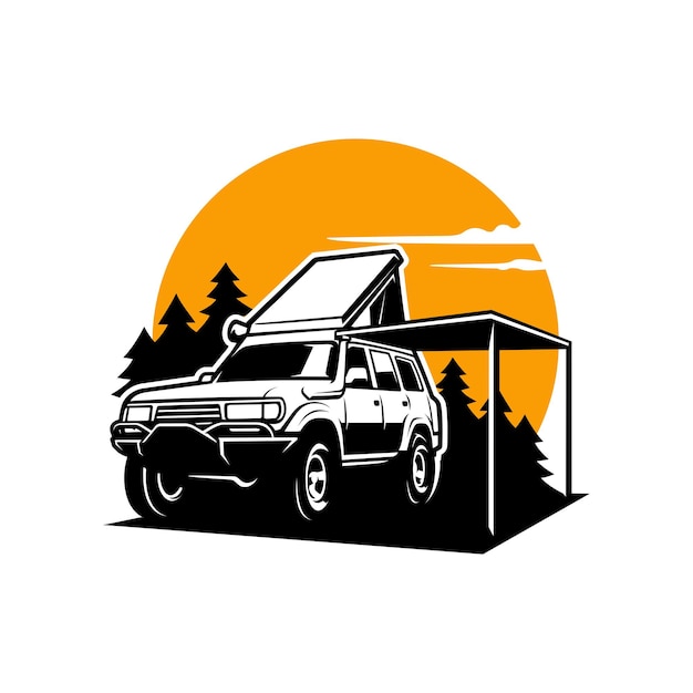 Automobile d'avventura suv con la tenda superiore e il vettore dell'illustrazione della tenda da sole