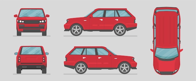 Suv。さまざまな側面からの赤い車。側面図、正面図、背面図、上面図。フラットスタイルの漫画の車。