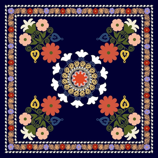 파란색 배경의 Suzani 카펫 요소 꽃 이 요소는 전통 직물에서 가져온 것입니다.