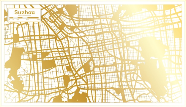 黄金色のアウトライン マップでレトロなスタイルの蘇州中国都市マップ