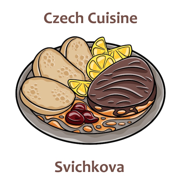 Svickova Это стейк из филе, приготовленный с соусом из жареных корнеплодов и сливок, приправленный лавровым листом черного перца и тимьяном Чешская еда Векторное изображение изолировано