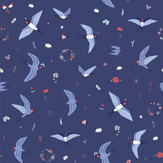 Swallow vogel vector romantische naadloze patroon
